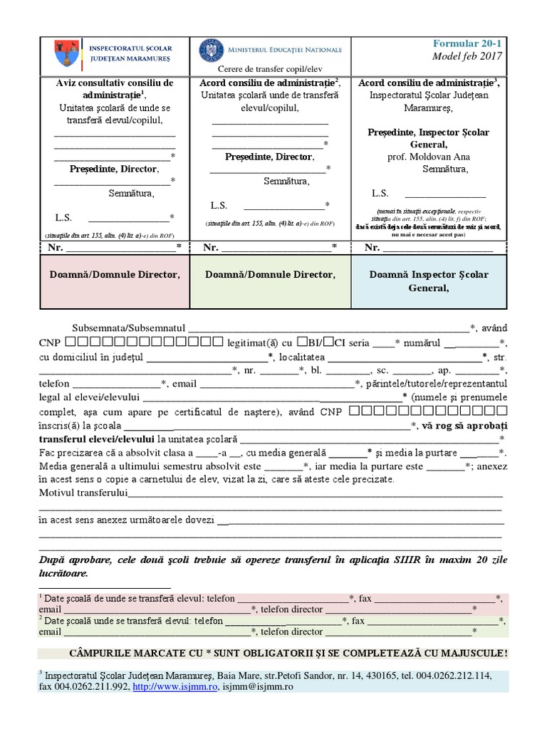 20 1 Cerere Transfer Elevi PDF
