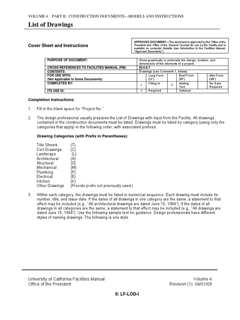 List of Drawings: Cover Sheet and Instructions | PDF | Engineering