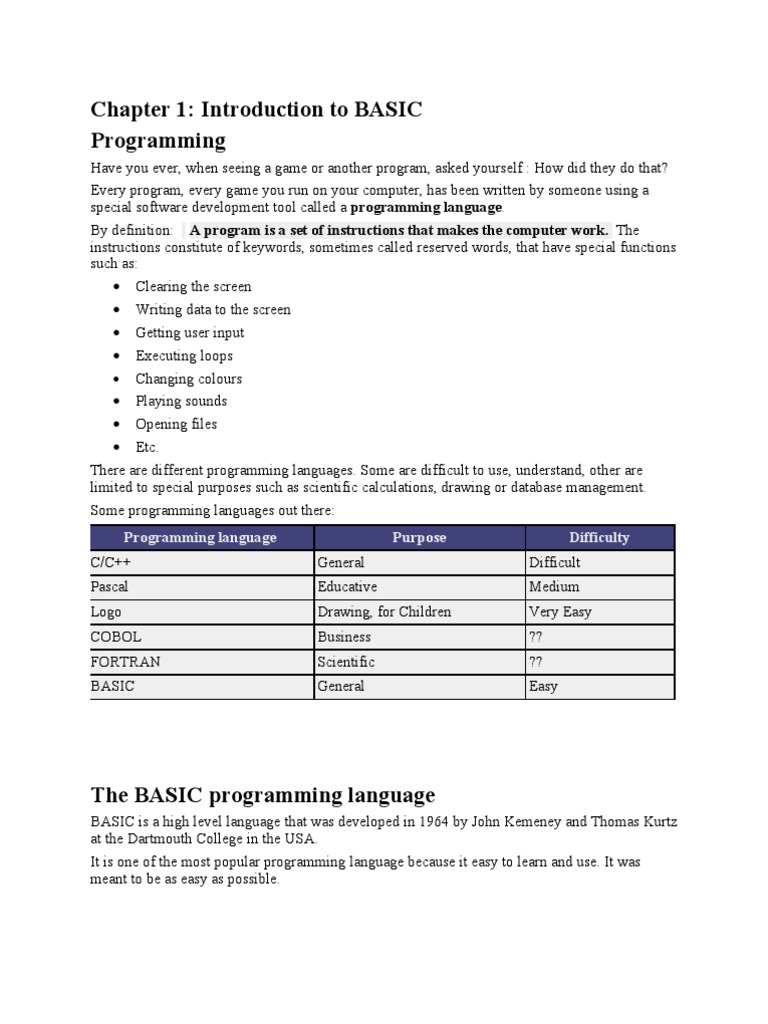 Chapter 1: Introduction To BASIC Programming: Programming Language ...