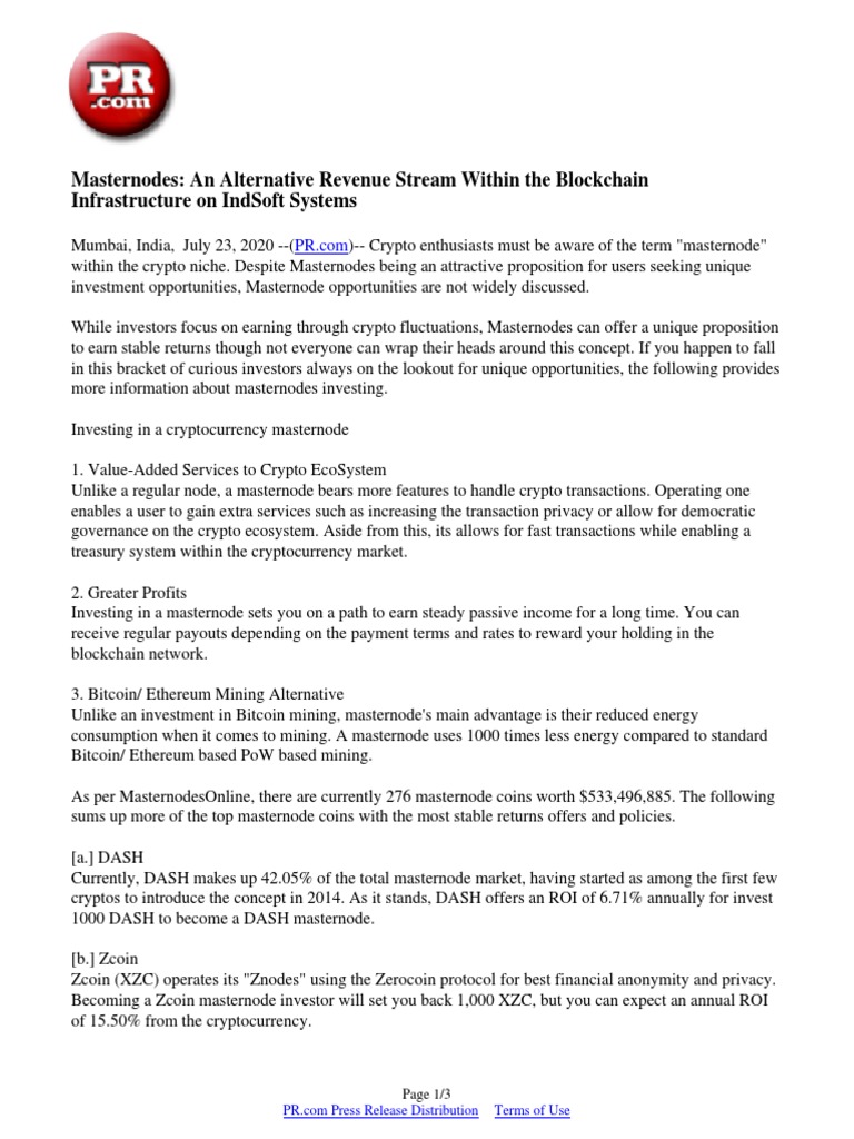 Masternodes: An Alternative Revenue Stream Within The Blockchain  Infrastructure On IndSoft Systems | PDF | Cryptocurrency | Bitcoin