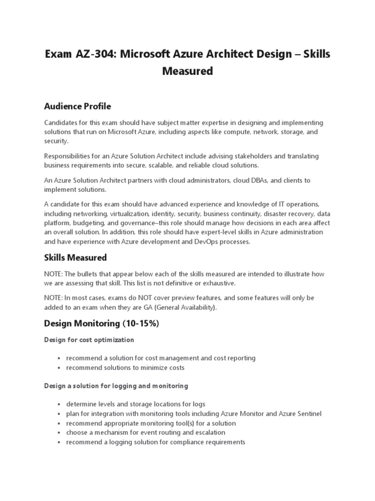 Exam AZ-304 - Microsoft Azure Architect Design - Skills Measured | PDF ...