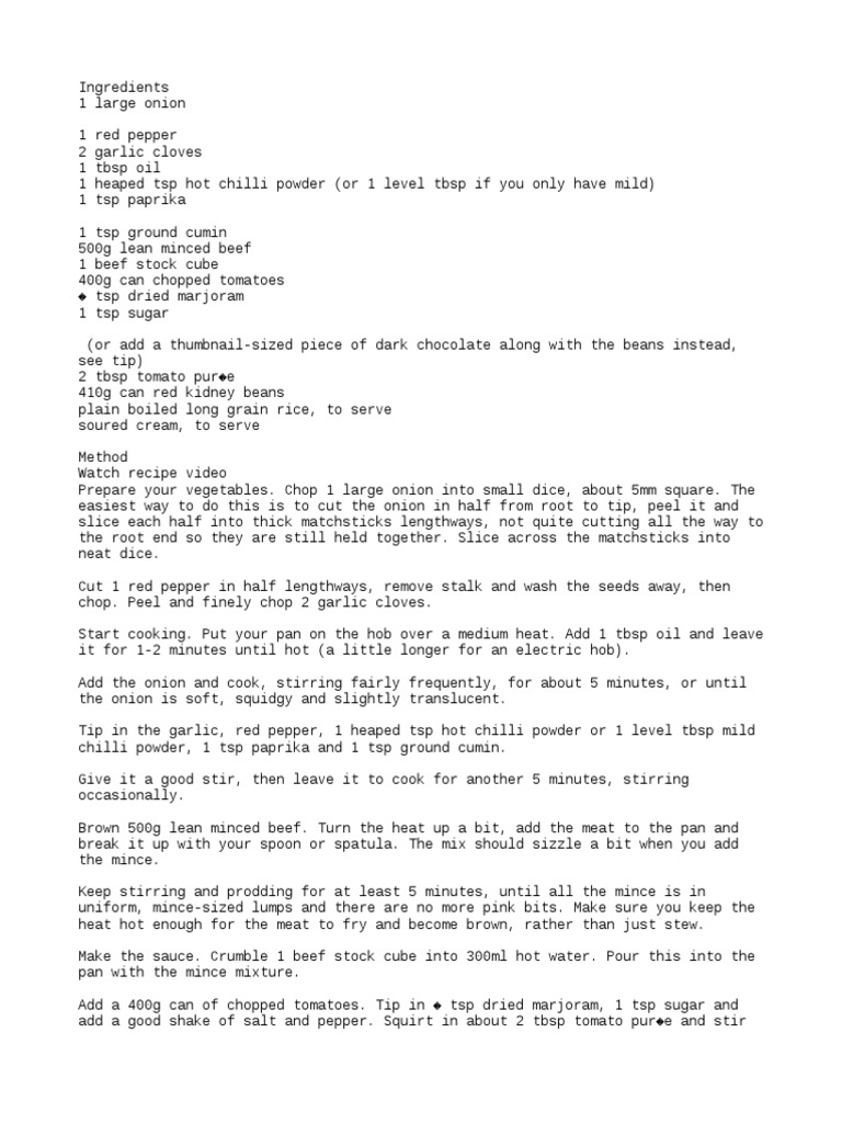 Chilli Con Carne Recipe PDF Capsicum Onion