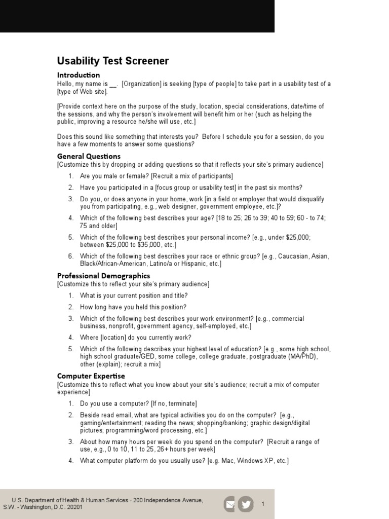 Usability Test Screener Website Example 1 - 0 | PDF | Usability | Expert