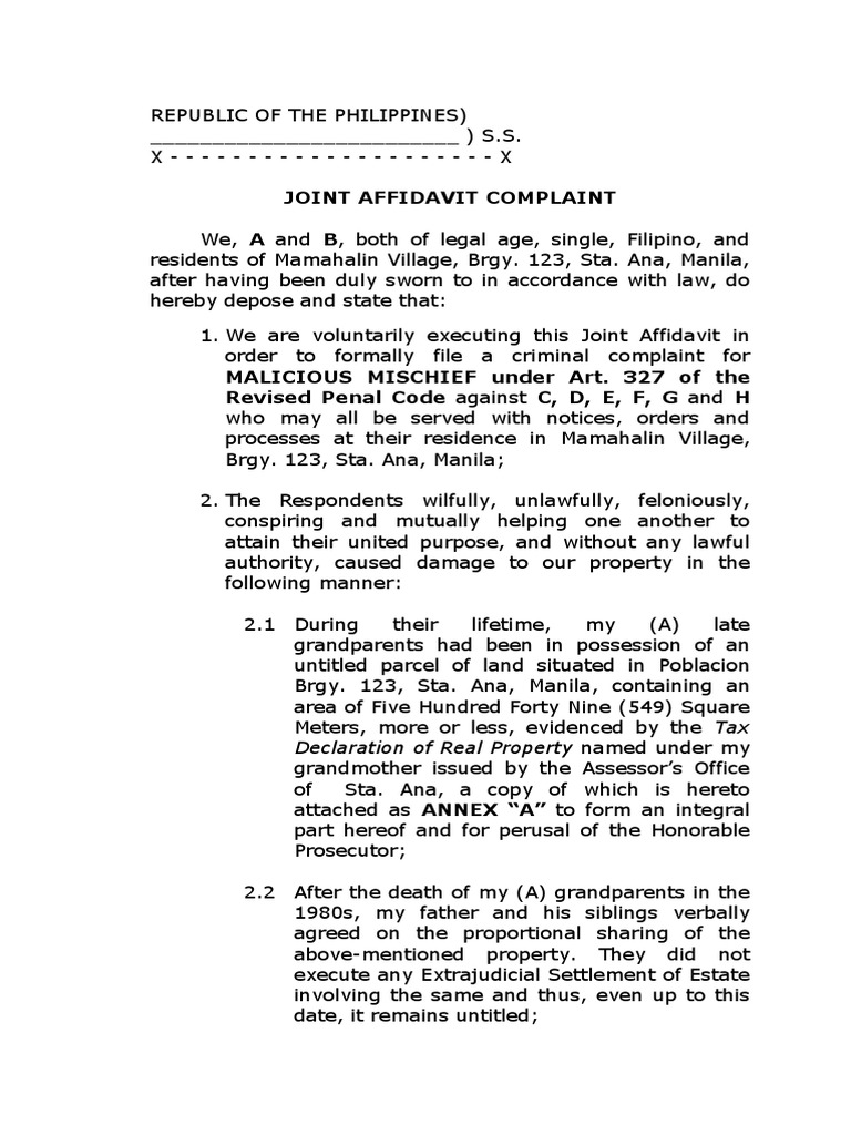 JOINT AFFIDAVIT COMPLAINT For MALICIOUS MISCHIEF SAMPLE PDF