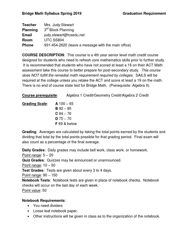 Bridge Math Syllabus Spring 2019 | PDF | Tutor | Schools