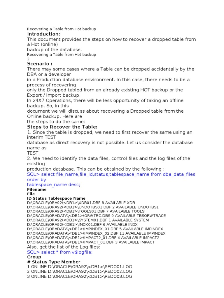 Recovering Dropped Table from Hot Backup | PDF | Oracle Database | Backup