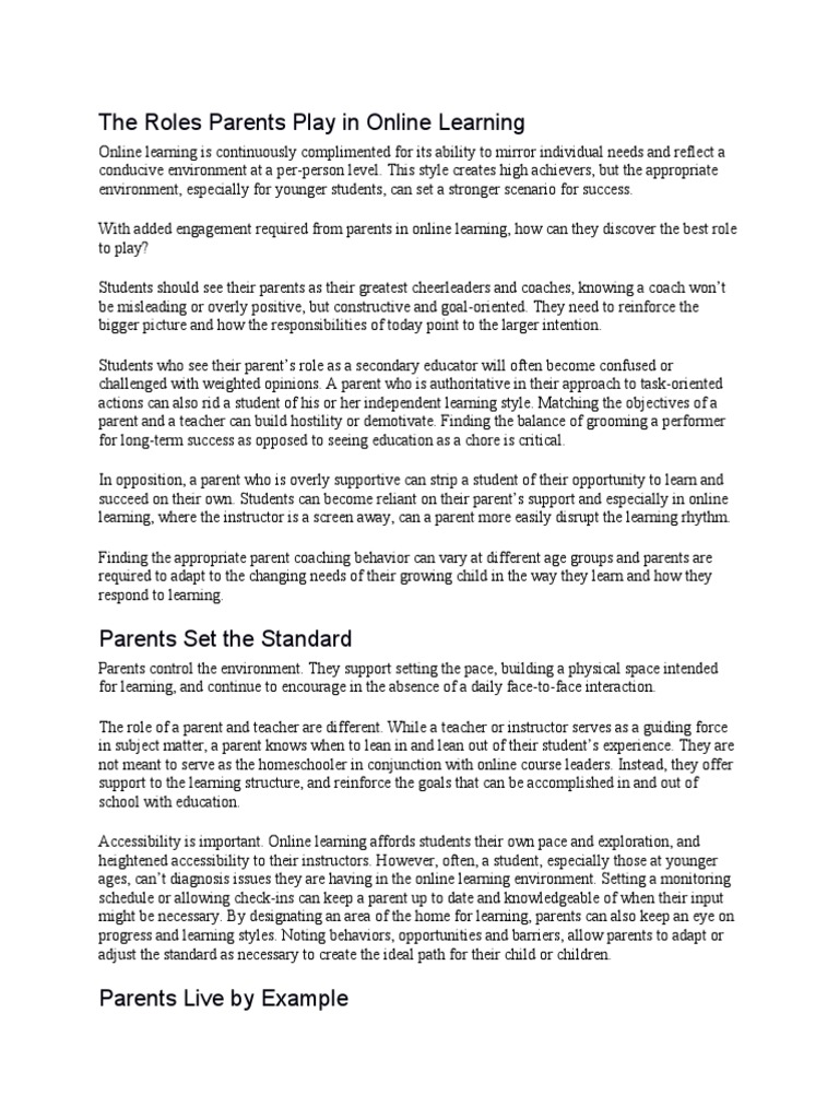 The Roles Parents Play in Online Learning | PDF | Educational ...