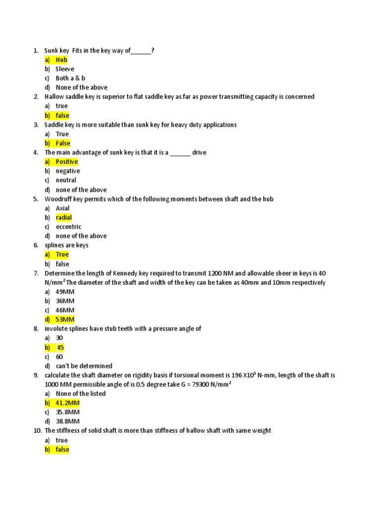DTE Unit 1 MCQs (Keys Shafts and Couplings) PDF Strength Of