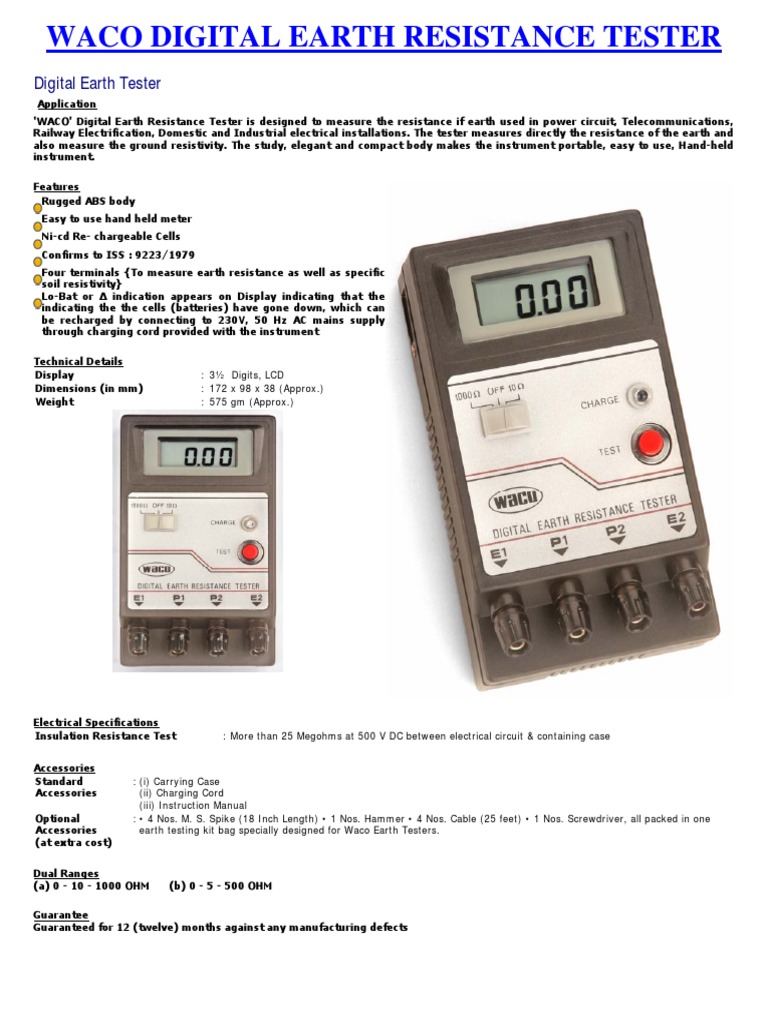 Waco Digital Earth Resistance Tester 0 10 1000 Ohm 4 Terminal PDF PDF