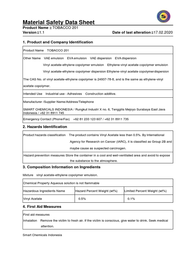 Tobacco 201 Material Safety Data Sheet | PDF | Toxicity