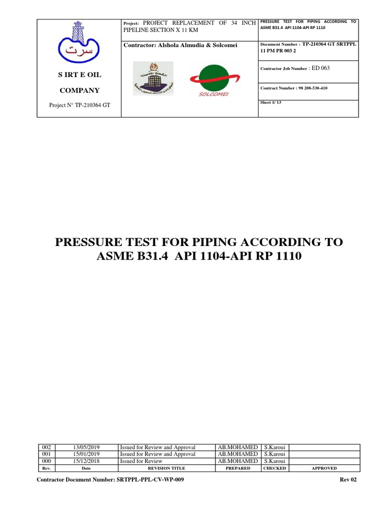 Pressure Test For Piping According To Asme B31.4 | PDF | Pipeline ...