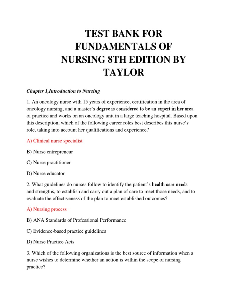 Fundamentals of Nursing 8th Edition by Taylor Lillis and Lynn Test Bank ...