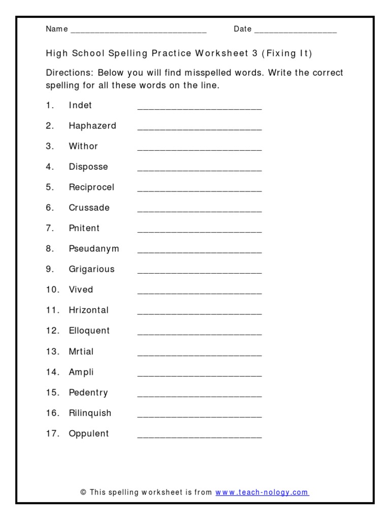 High School Spelling Practice Worksheet 3 (Fixing It) : Name - Date | PDF