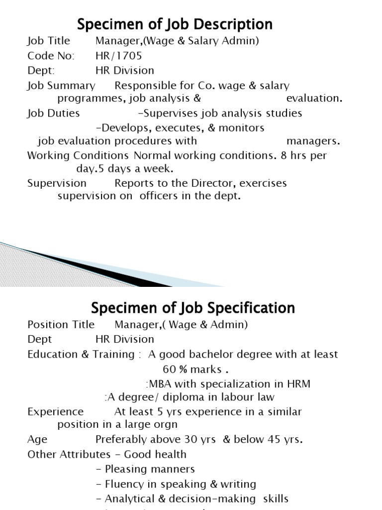 Specimen of Job Description PDF Human Resource Management Human