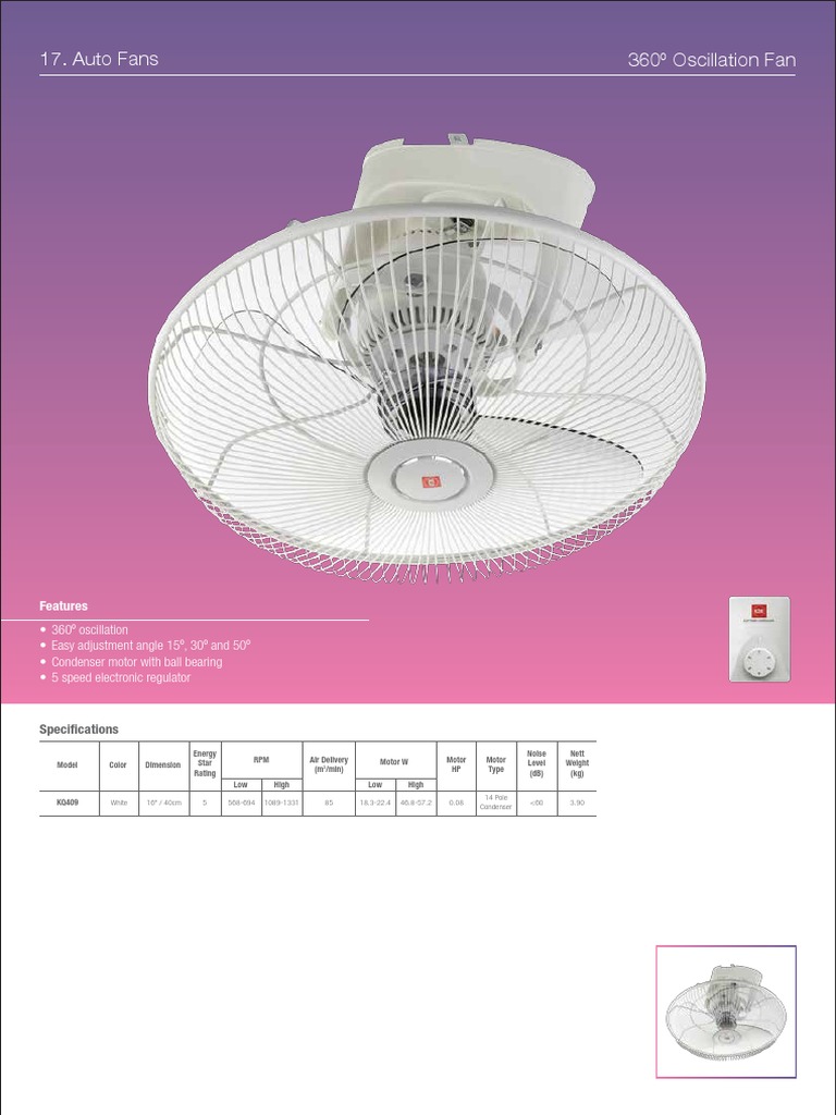 KQ409 360º Oscillation Fan Specs | PDF