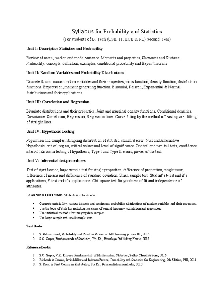Syllabus: For Probability and Statistics | PDF | Probability ...