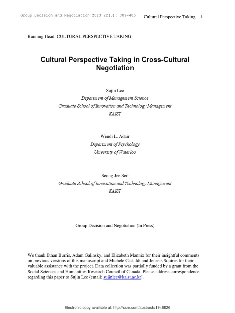 Cultural Perspective Taking in Negotiation | PDF | Negotiation ...