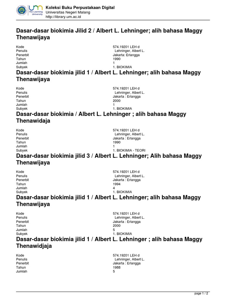 Buku Biokimia Lehninger Digital | PDF