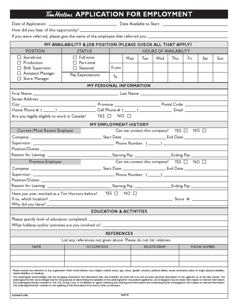 Tim Hortons Job Application PDF Disability Employment