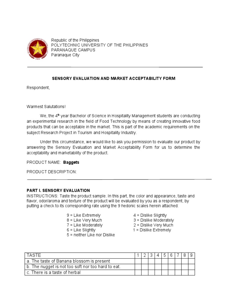 Sensory Evaluation and Market Acceptability Form | PDF | Taste | Odor