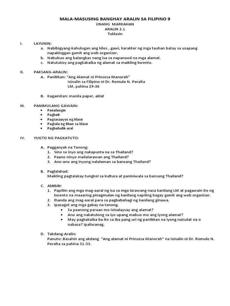 Detailed Lesson Plan In Filipino 9 Unang Markahan