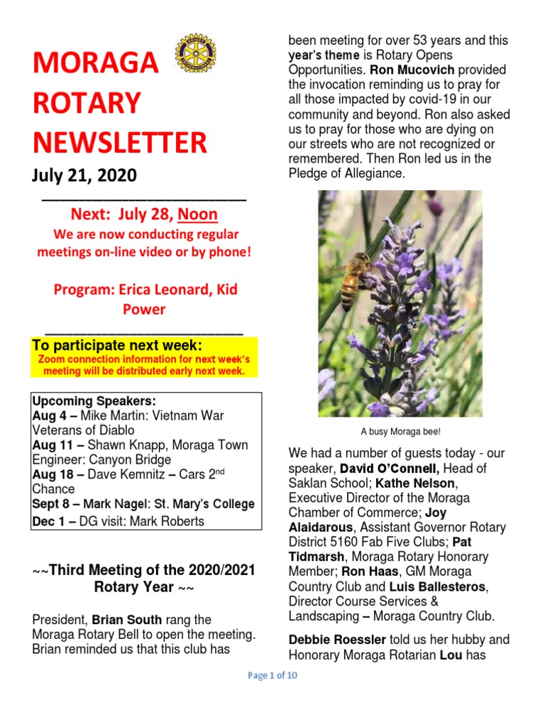 Moraga Rotary Newsletter July 21 2020 | PDF