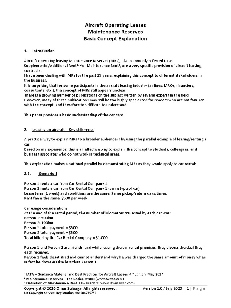 Aircraft Operating Leases - Maintenance Reserves - Basic Concept ...