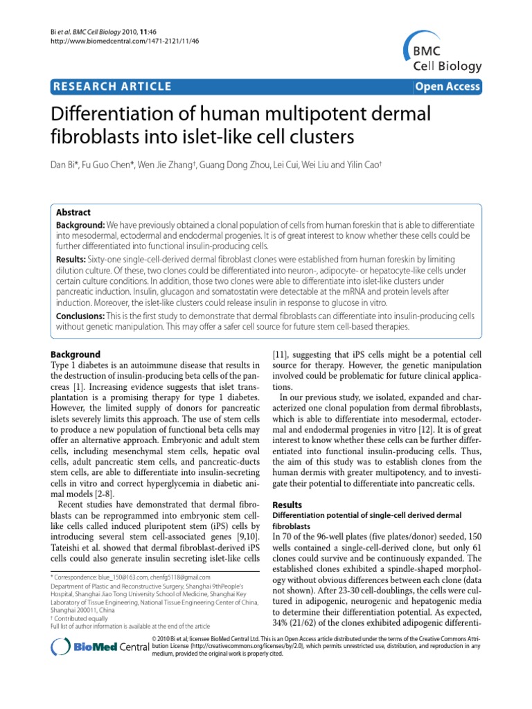 Differentiation of Human Multipotent Dermal Fibroblasts Into IsletLike