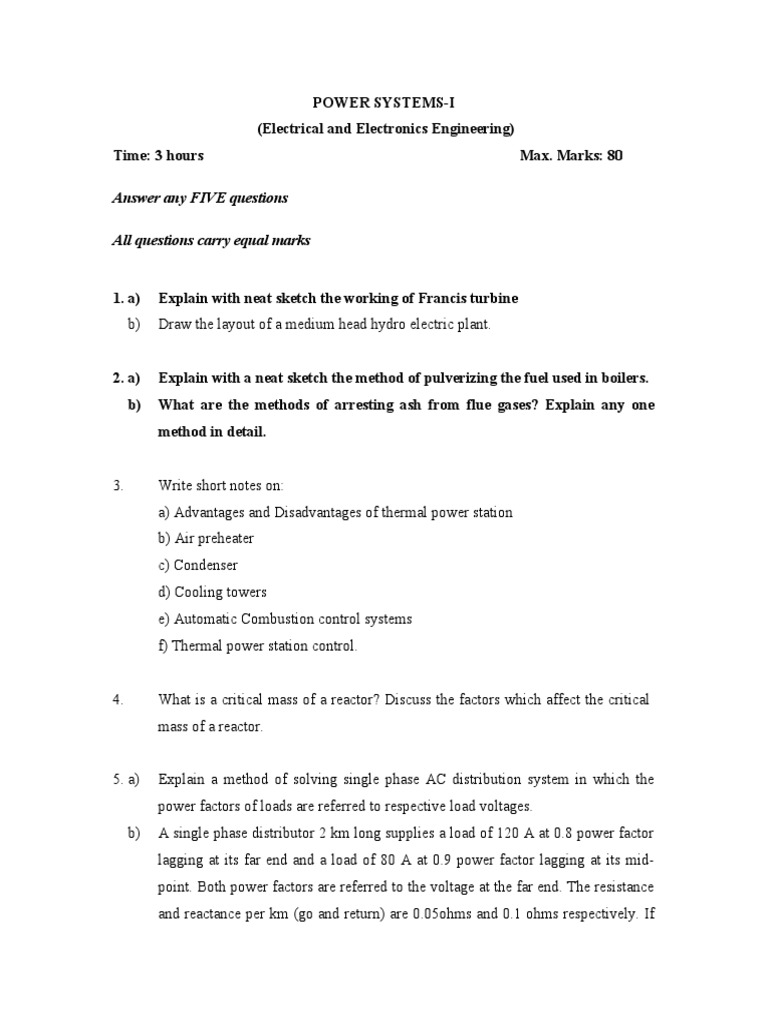 Power Systems I Exam Questions and Topics | PDF | Power Station ...