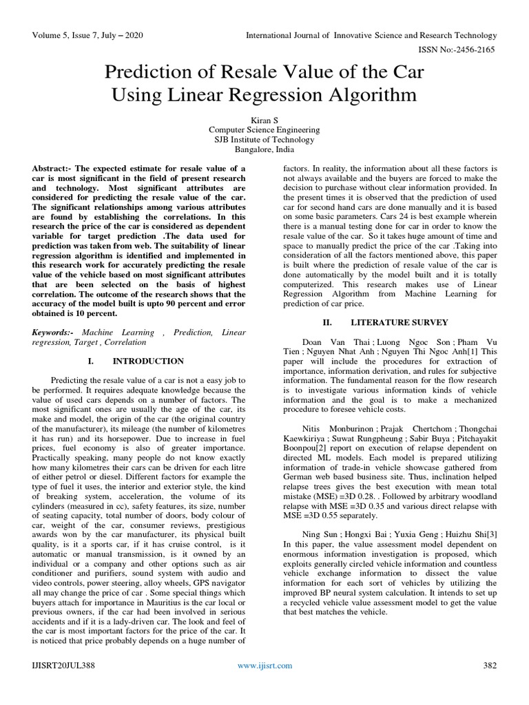 Prediction of Resale Value of The Car Using Linear Regression Algorithm ...