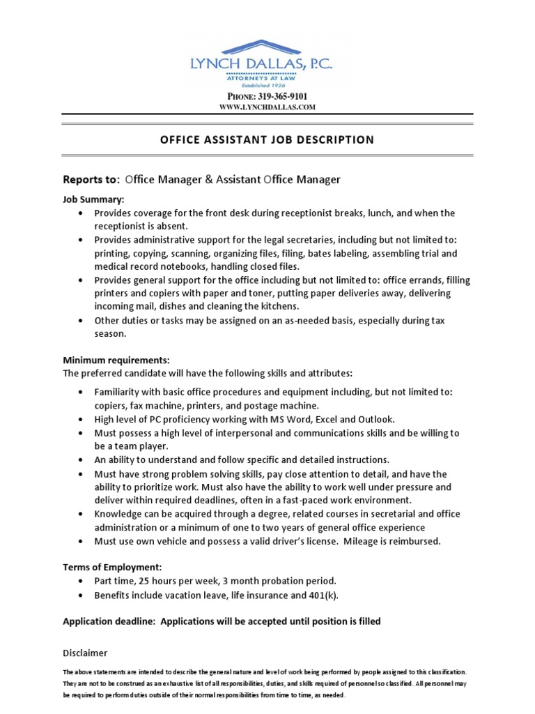 Office Assistant Job Description PDF PDF Photocopier Business
