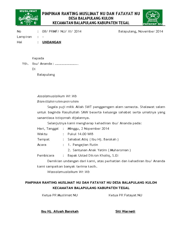 Undangan Pengajian Ranting Muslimat NU | PDF