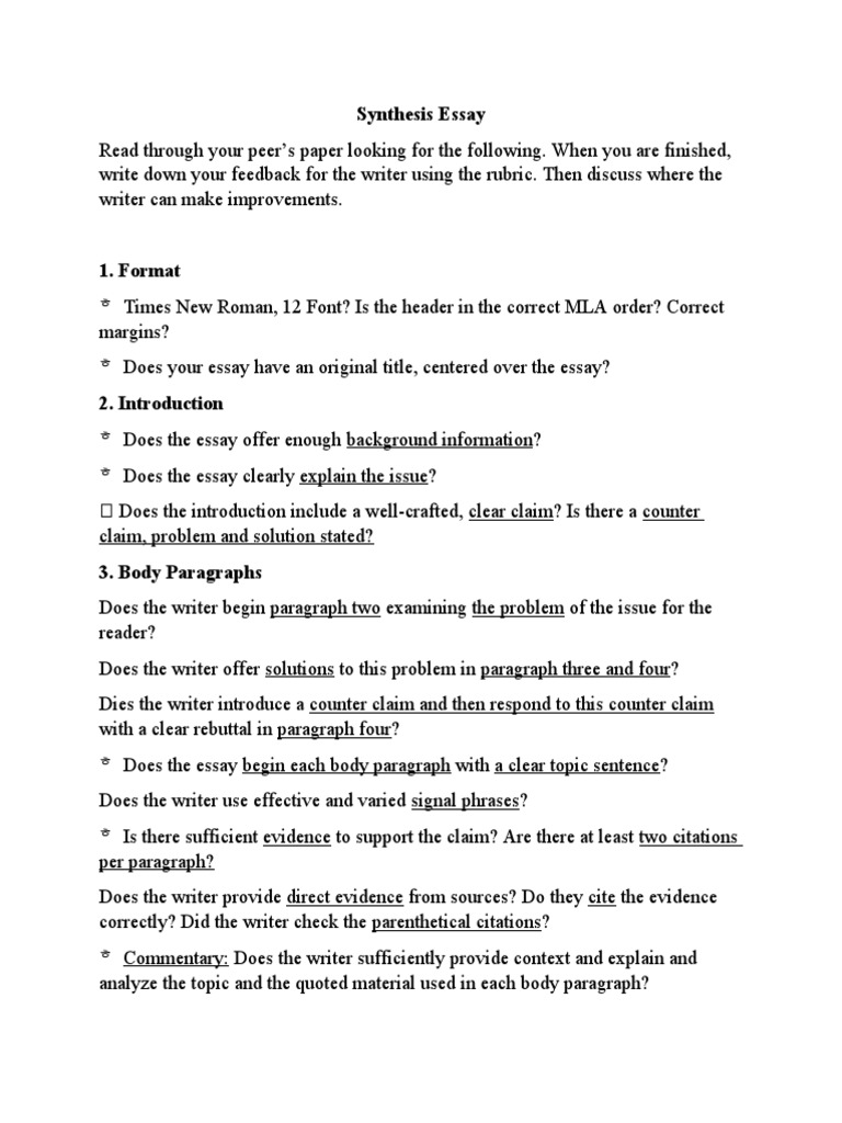 Synthesis Essay Peer Review Guide | PDF
