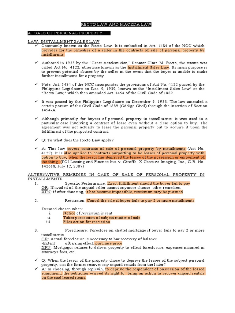 Recto and Maceda Law Overview | PDF | Lease | Foreclosure