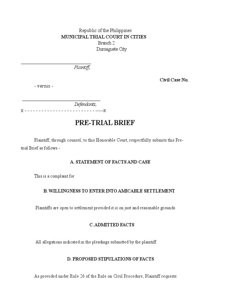 Pre-Trial Brief for Civil Case | PDF | Discovery (Law) | Public Law