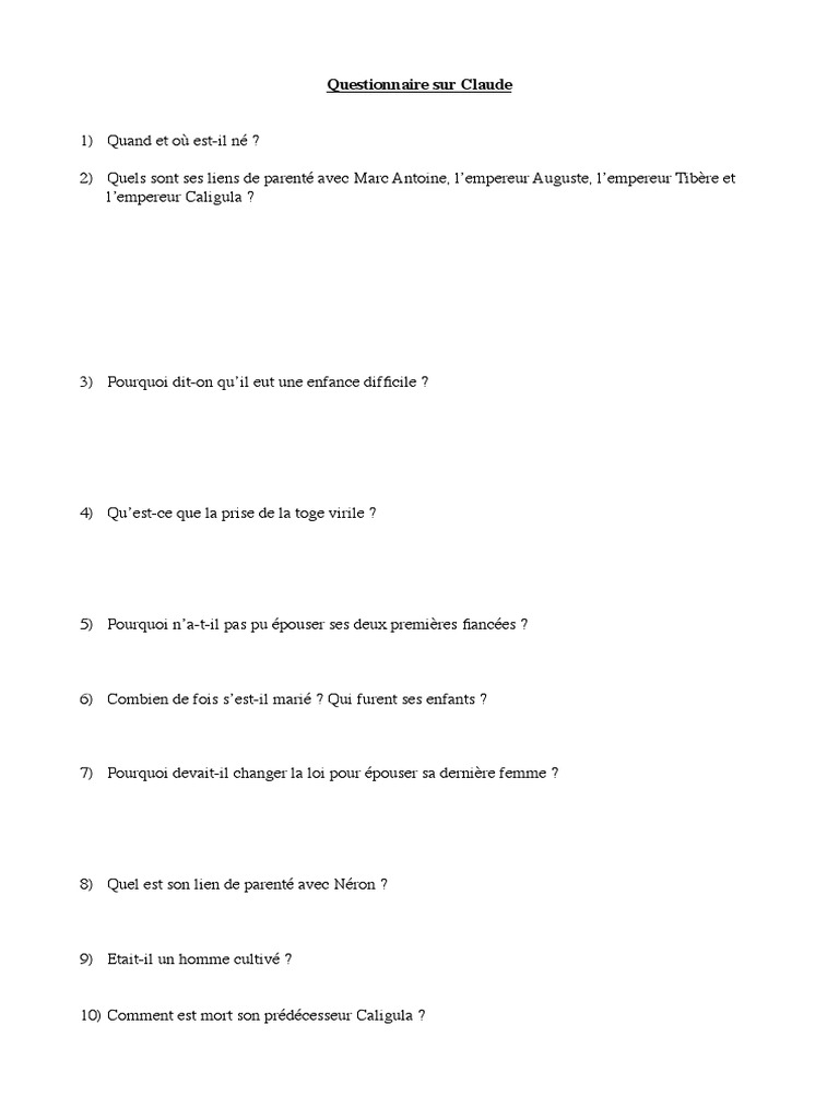 Questionnaire sur l'empereur Claude | PDF | Voyages | Histoire