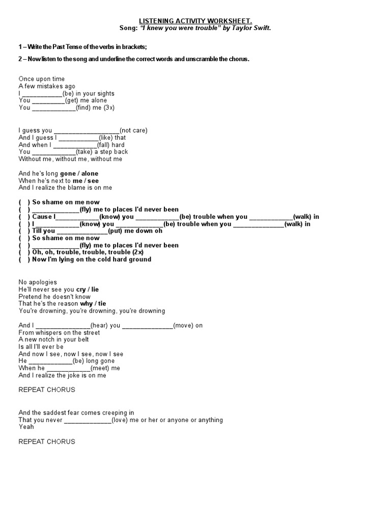 PAST SIMPLE_I KNEW YOU WERE TROUBLE…: English ESL worksheets pdf & doc