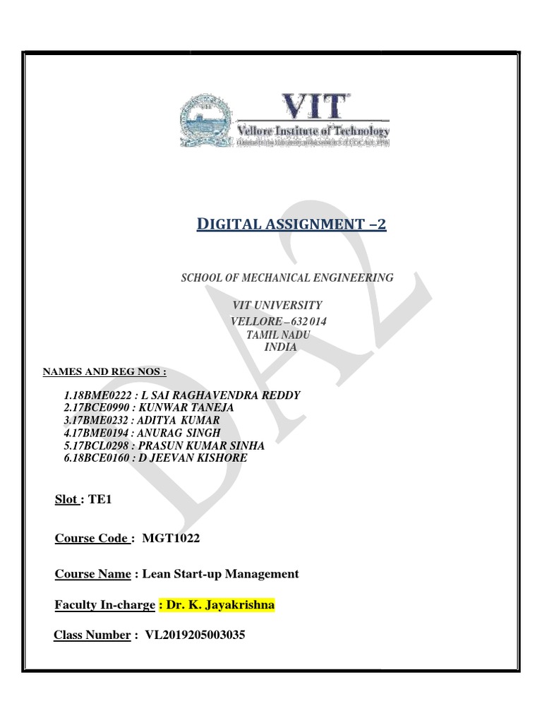 Igital Assignment 2 School of Mechanical Engineering Vit University