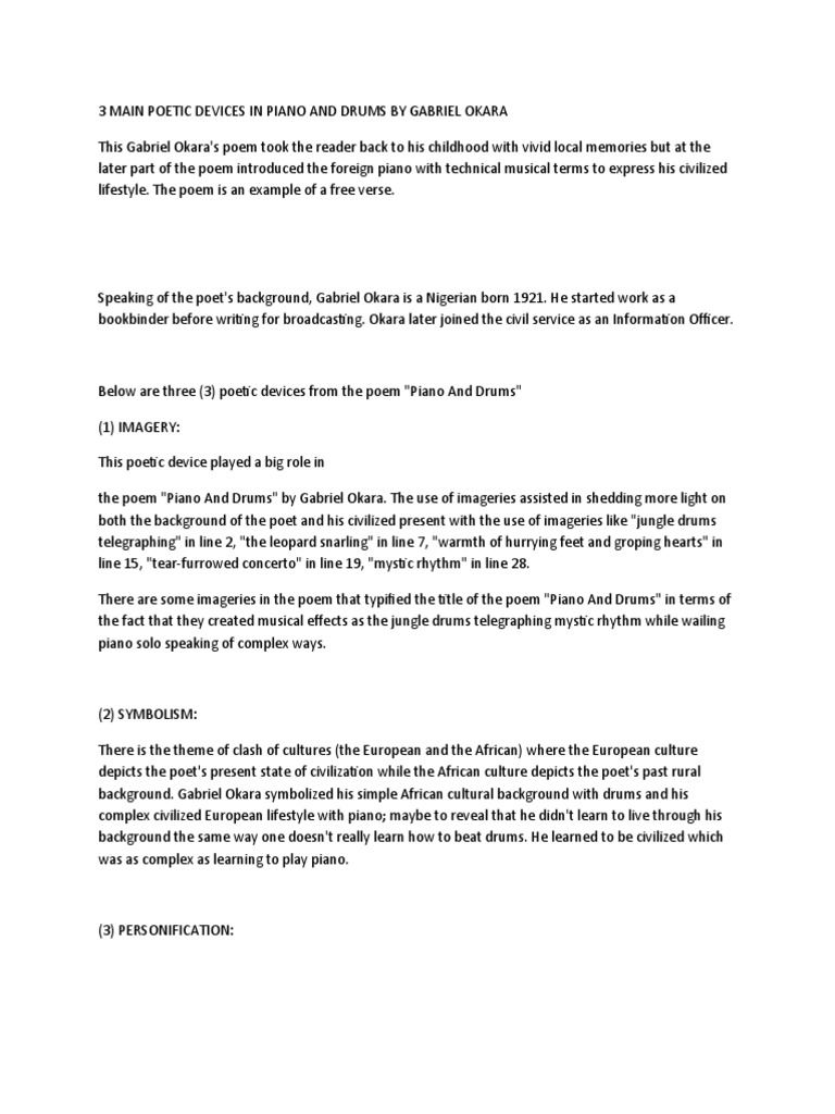 3 Main Poetic Devices in Piano and Drums by Gabriel Okara PDF Poetry