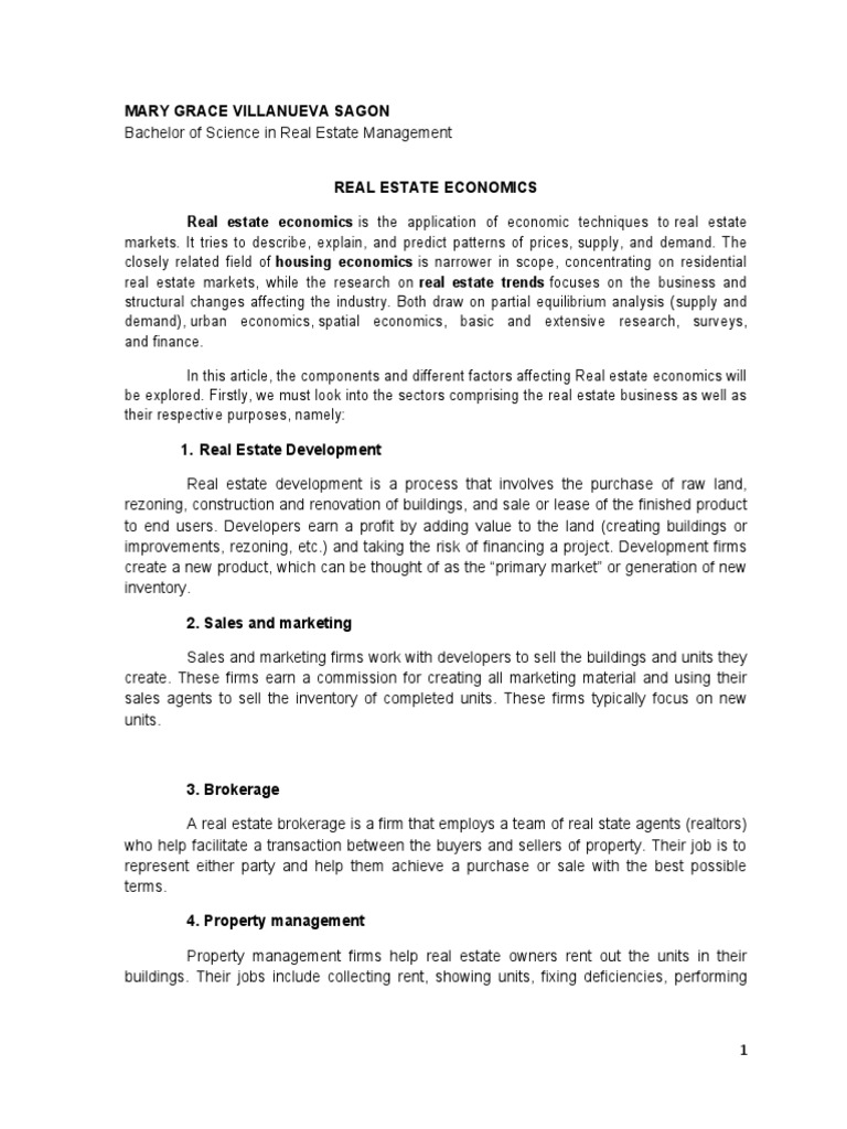 REAL ESTATE ECONOMICSGrace Essay PDF Real Estate Broker