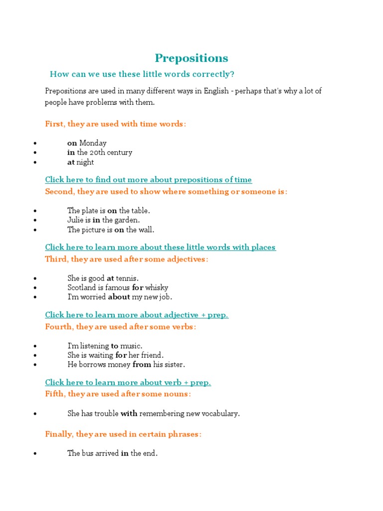 Prepositions For EFL Students | PDF | Preposition And Postposition ...
