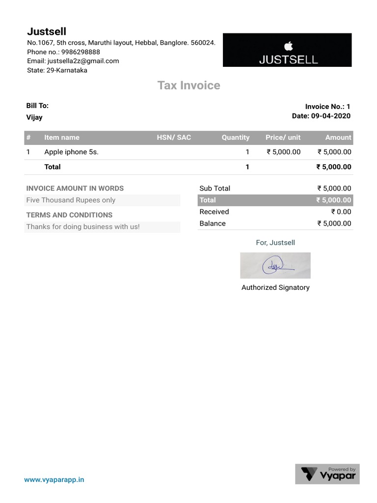 Justsell Invoice for Apple iPhone 5s | PDF