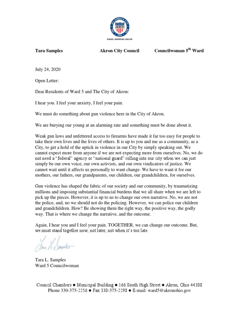 Letter From Tara Samples To Akron Residents About Gun Violence | PDF