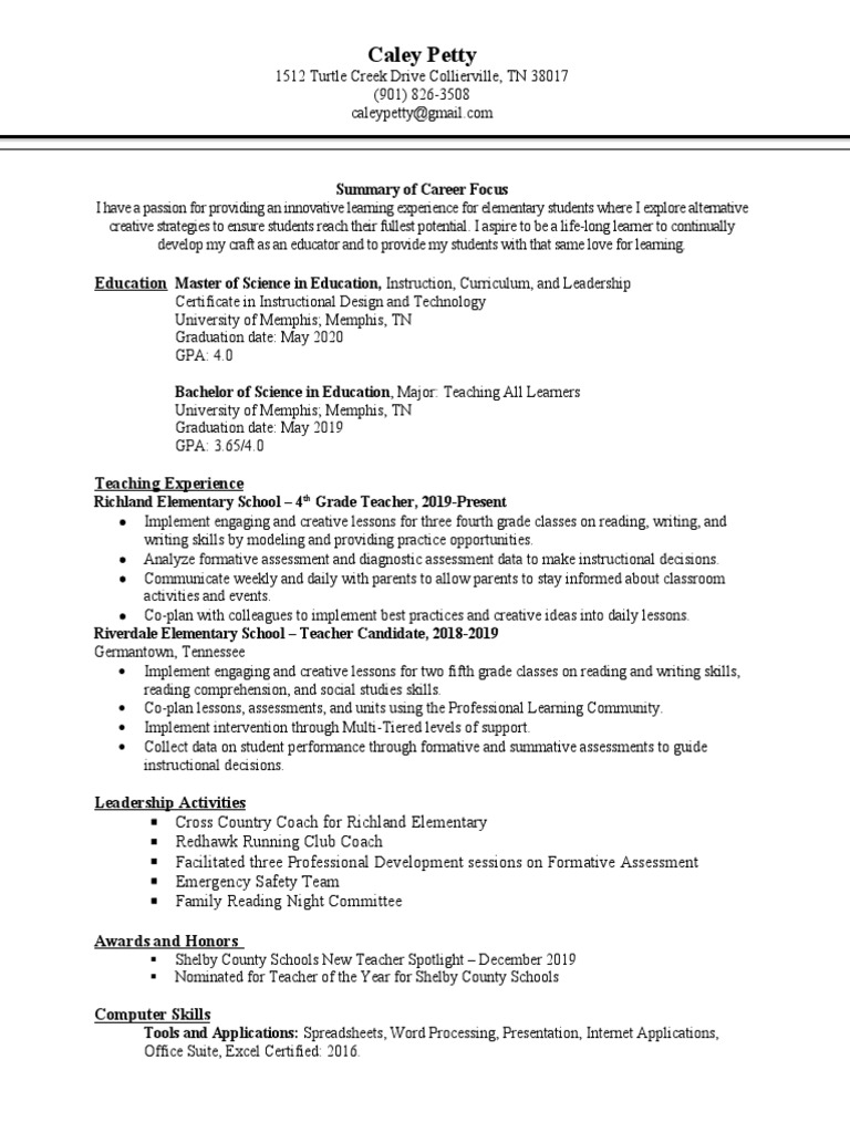 Petty Caley Resume Educational Assessment Teachers