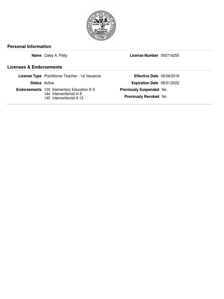Caley A. Petty Teaching License Details | PDF