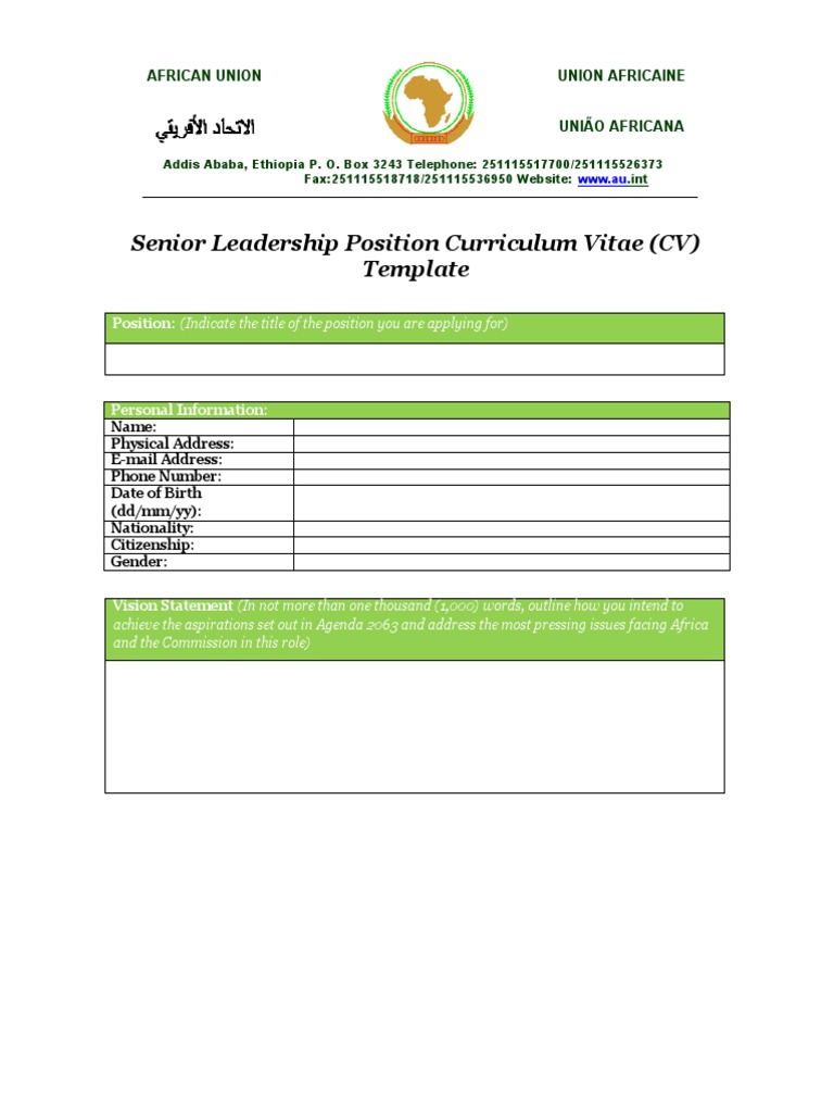 Senior Leadership Position Curriculum Vitae (CV) Template: African