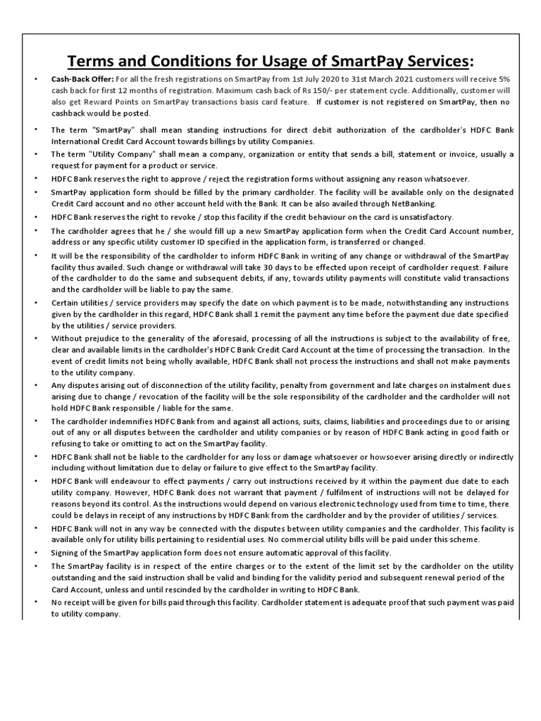 SmartPay Services Terms & Conditions | PDF | Credit Card | Payments