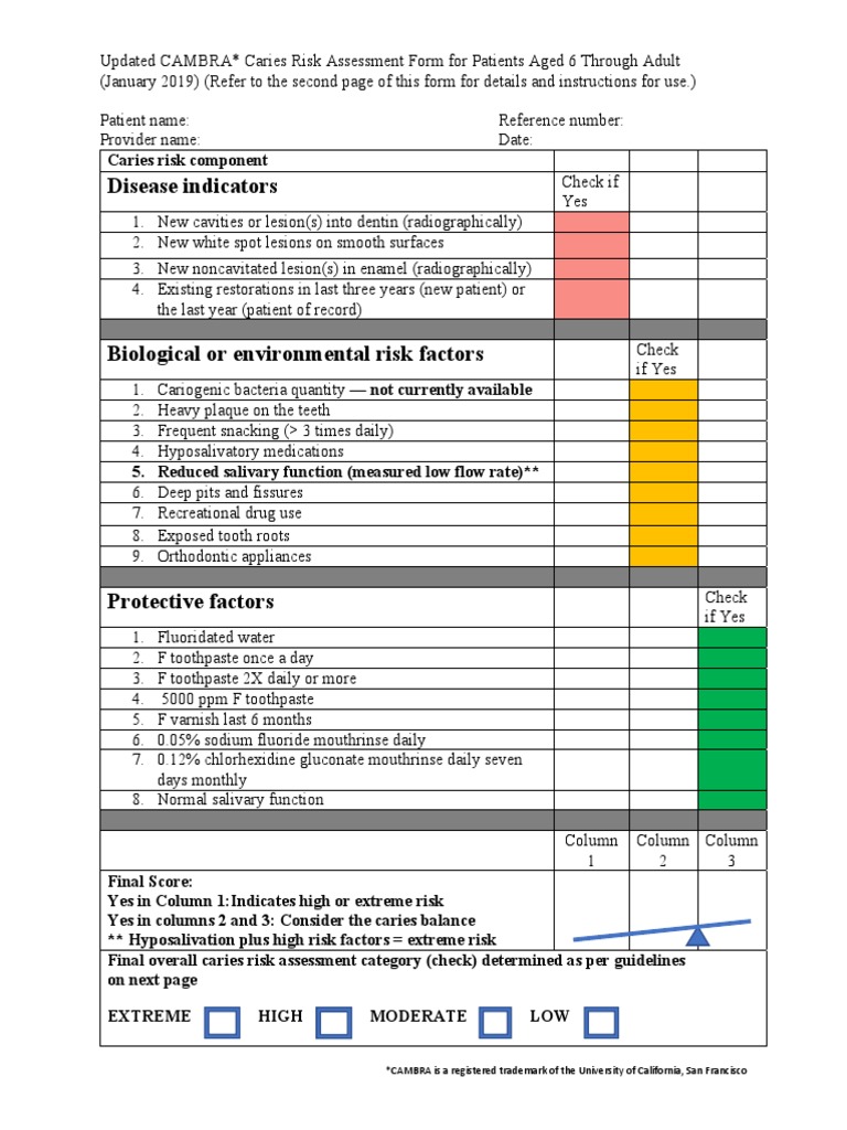 Updated CAMBRA Caries Risk Assessment Form | PDF | Medical Specialties ...