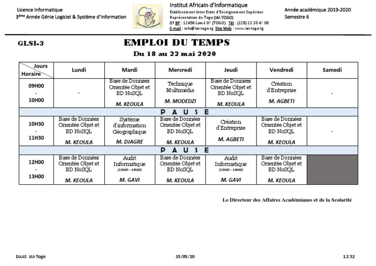 Emploi du temps Licence Informatique | PDF | Gestion des données ...