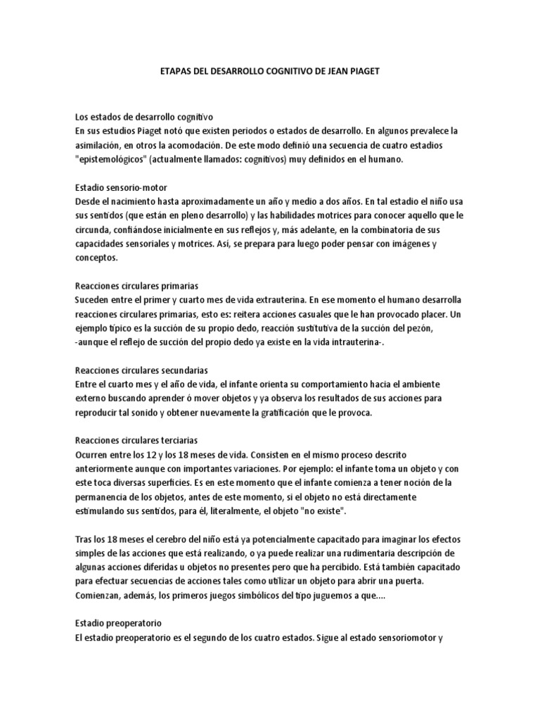 Etapas del desarrollo cognitivo de Piaget | PDF | Neuropsicología ...